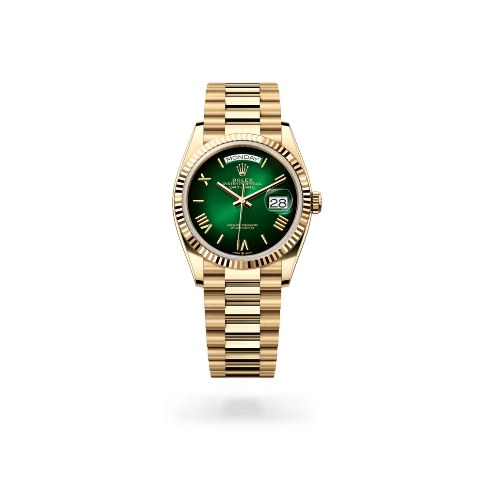 Rolex Oyster Perpetual Day-Date 36, 18 kt yellow gold, Green ombré dial