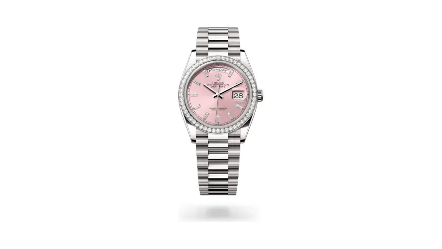 Rolex Oyster Perpetual Day-Date 36, 18 kt white gold, Pink set with diamonds dial