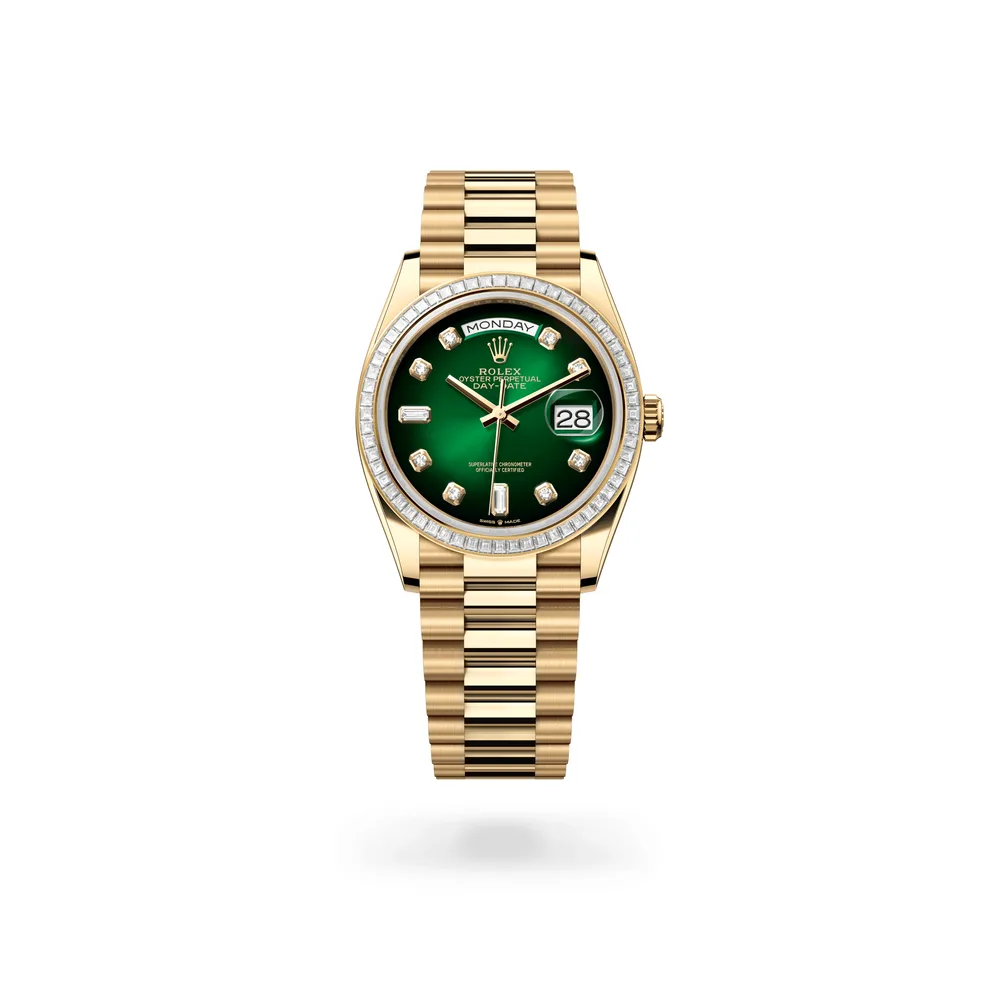 Rolex Oyster Perpetual Day-Date 36, 18 kt yellow gold, Green ombré set with diamonds dial
