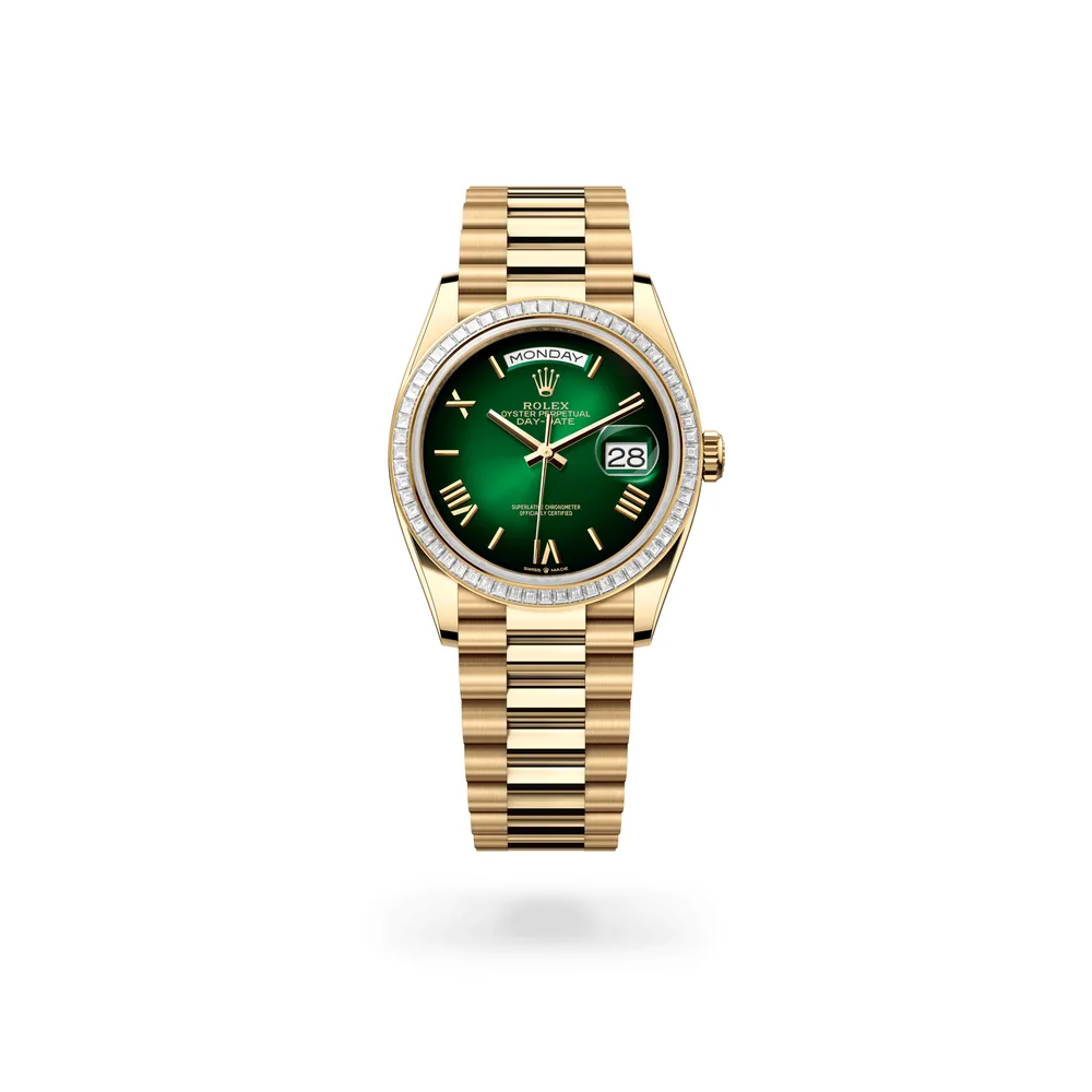 Rolex Oyster Perpetual Day-Date 36, 18 kt yellow gold, Green ombré dial