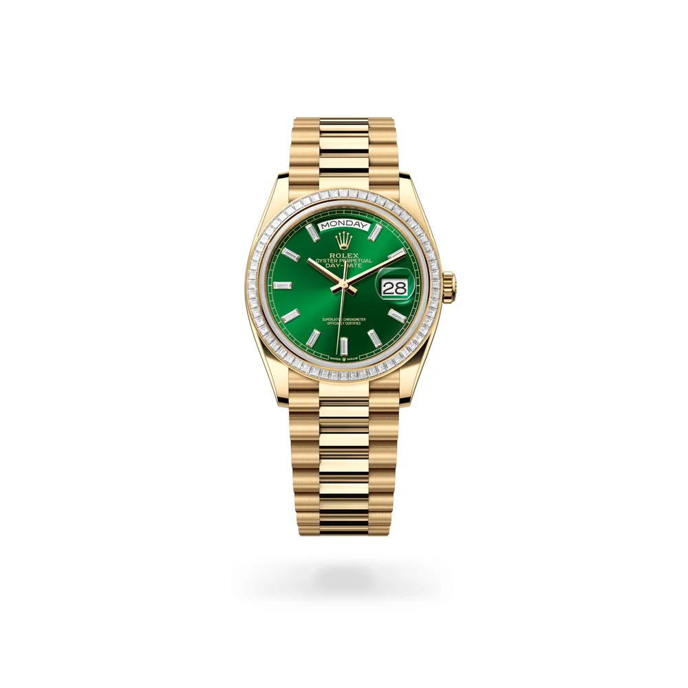 Rolex Oyster Perpetual Day-Date 36, 18 kt yellow gold, Bright green dial