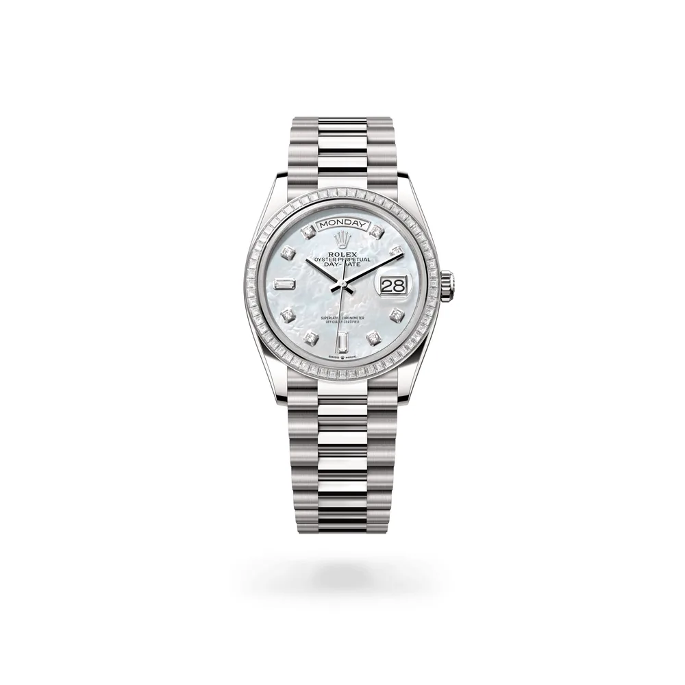 Rolex Oyster Perpetual Day-Date 36, 18 kt white gold, White mother-of-pearl dial