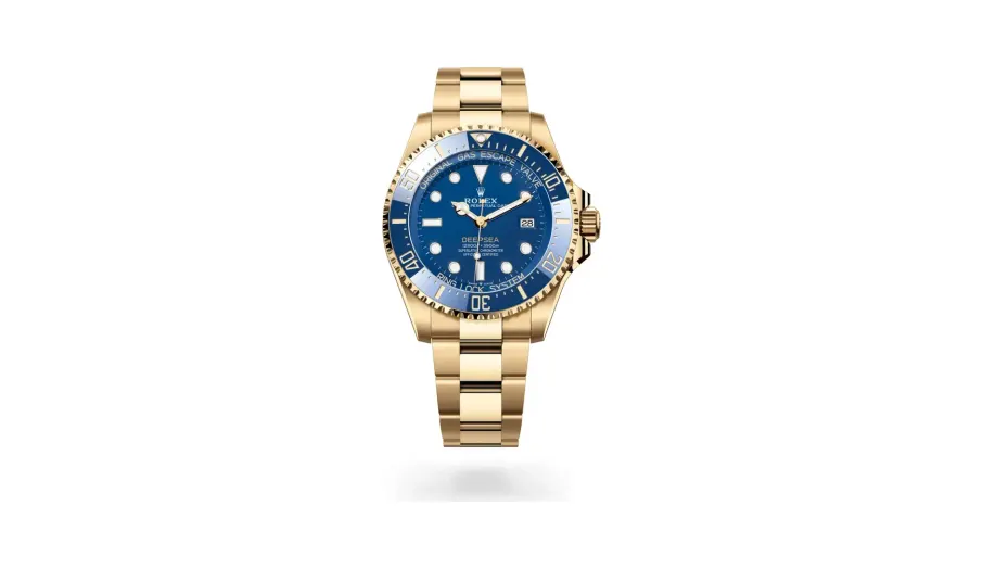 Rolex Oyster Perpetual Rolex Deepsea, 44 mm, yellow gold, 18 kt yellow gold, Blue lacquer with DEEPSEA text in powdered yellow dial