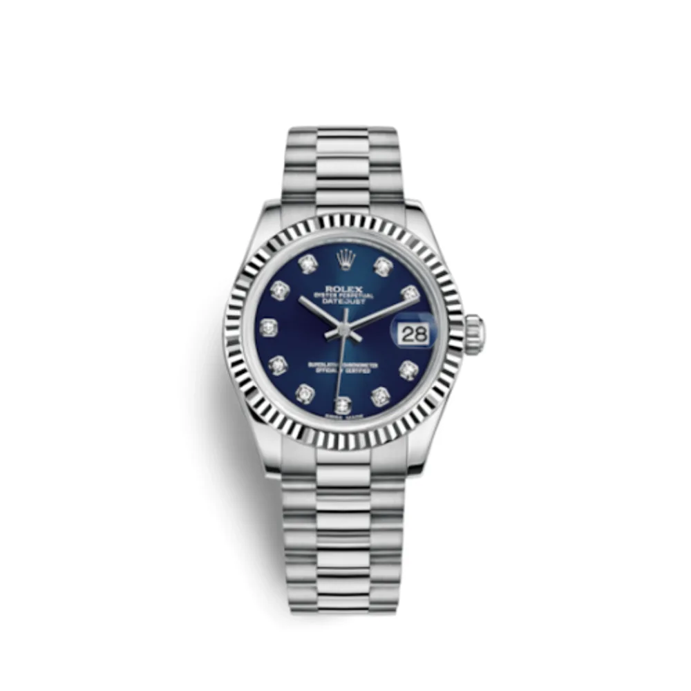 Rolex Datejust 31 White Gold Fluted / President / Blue Diamond