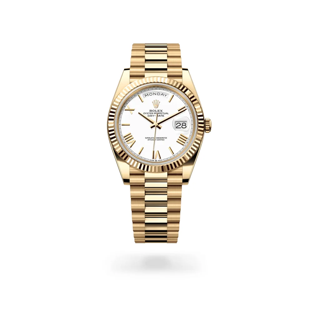 Rolex Oyster Perpetual Day-Date 40, 18 kt yellow gold, White lacquer with six applied layers dial