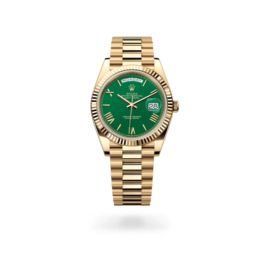 Rolex Oyster Perpetual Day-Date 40, 18 kt yellow gold, Green lacquer dial