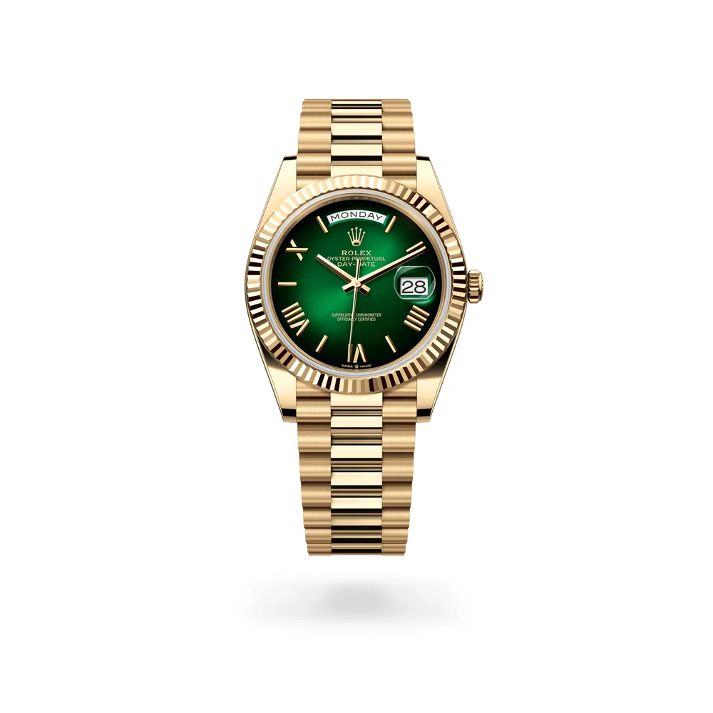Rolex Oyster Perpetual Day-Date 40, 18 kt yellow gold, Green ombré dial