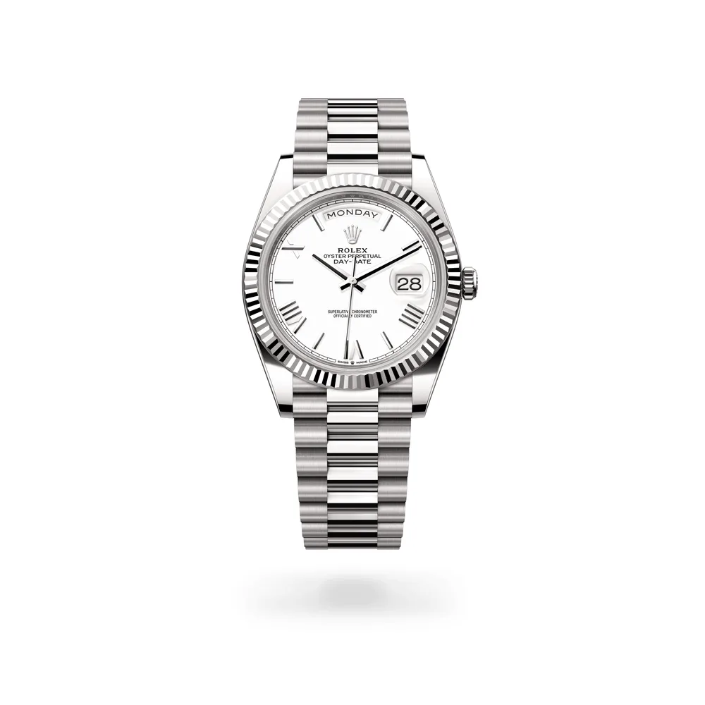 Rolex Oyster Perpetual Day-Date 40, 18 kt white gold, White lacquer dial