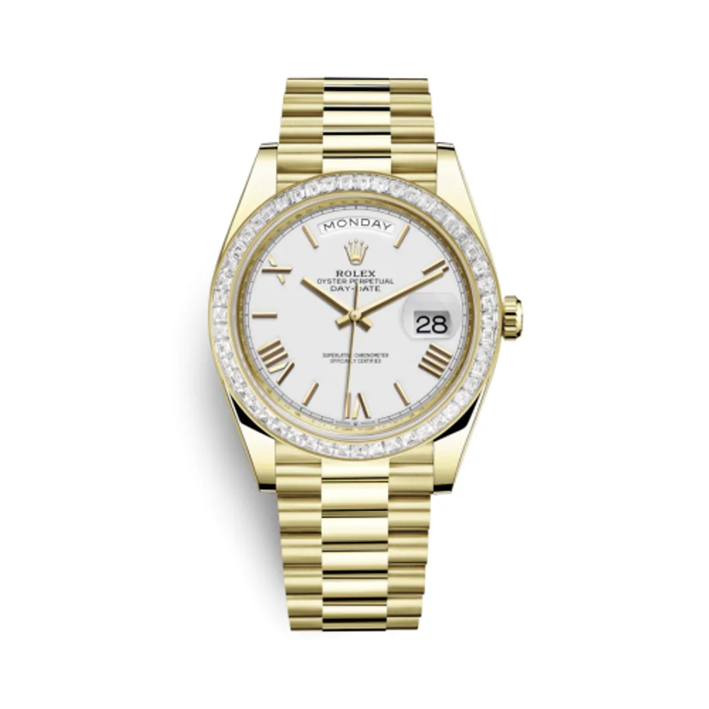 Rolex Day-Date 40 Yellow Gold - Baguette / White - Roman