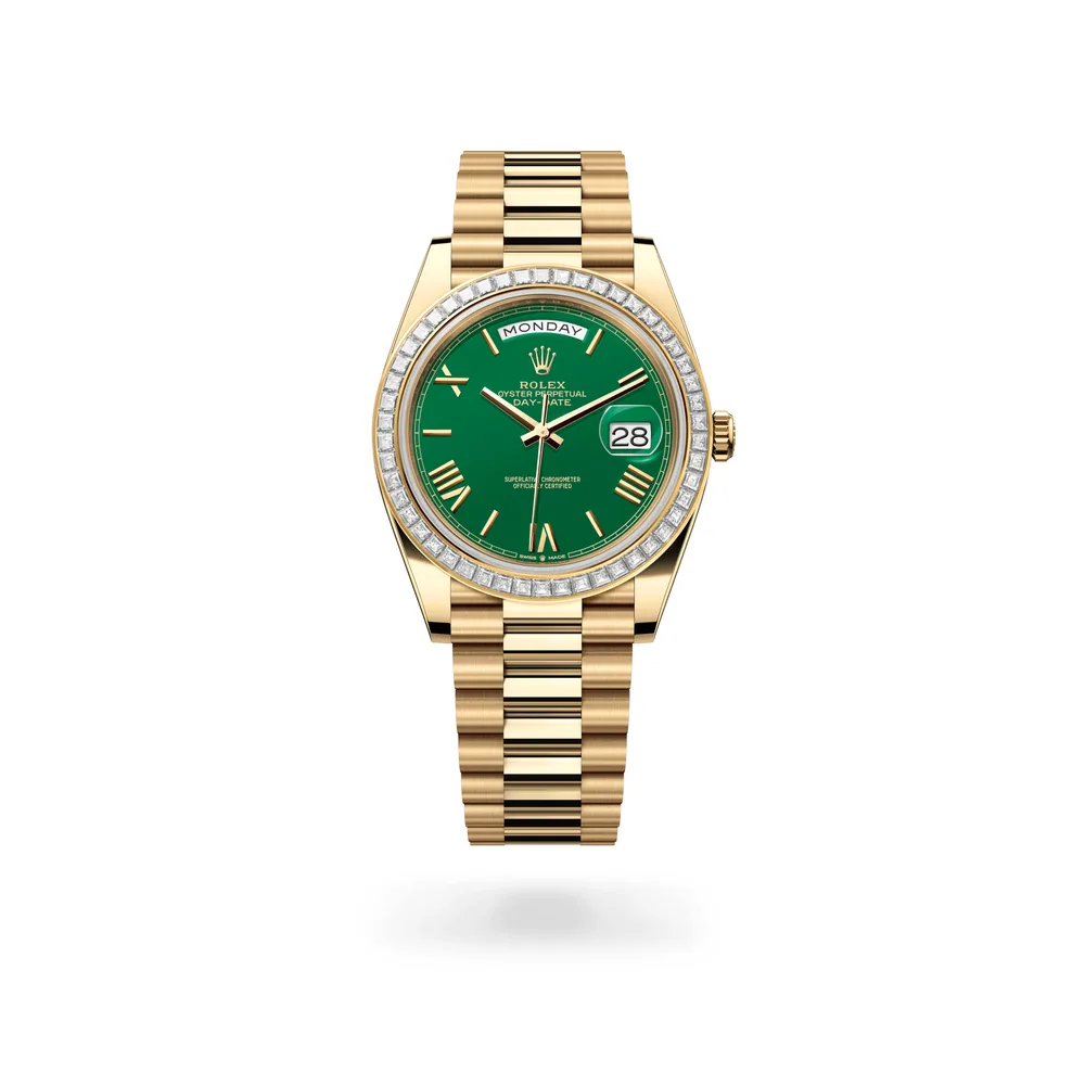 Rolex Oyster Perpetual Day-Date 40, 18 kt yellow gold, Green lacquer dial