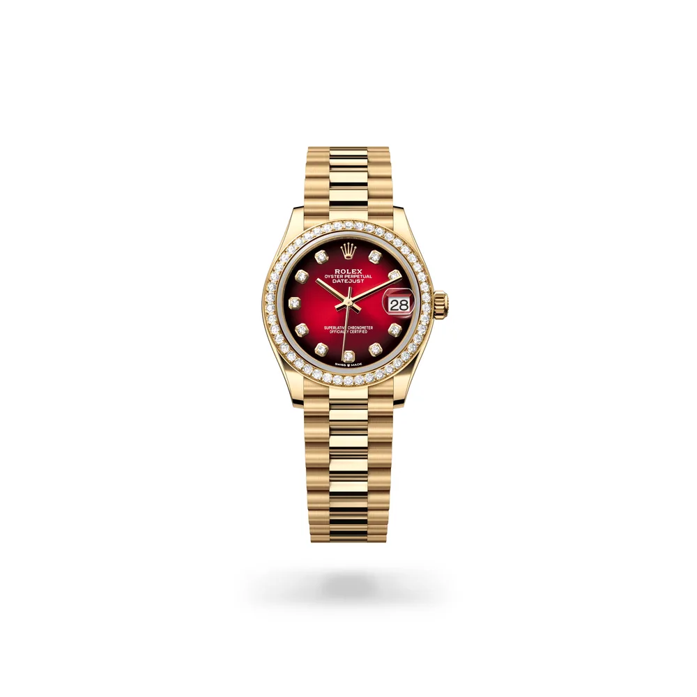 Rolex Datejust 31 Oyster, 31 mm, yellow gold and diamonds, 18 kt yellow gold, Red ombré dial