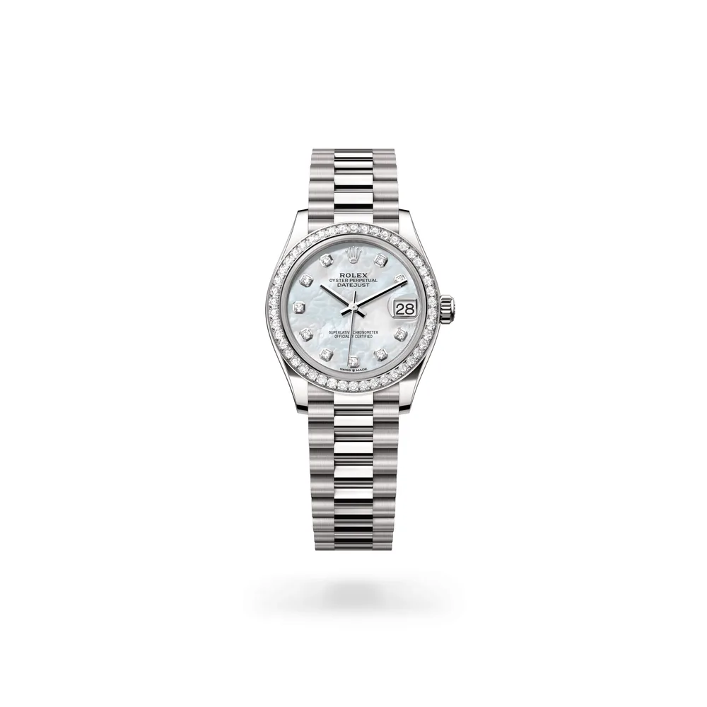 Rolex Datejust 31 Oyster, 31 mm, white gold and diamonds, 18 kt white gold, White mother-of-pearl dial