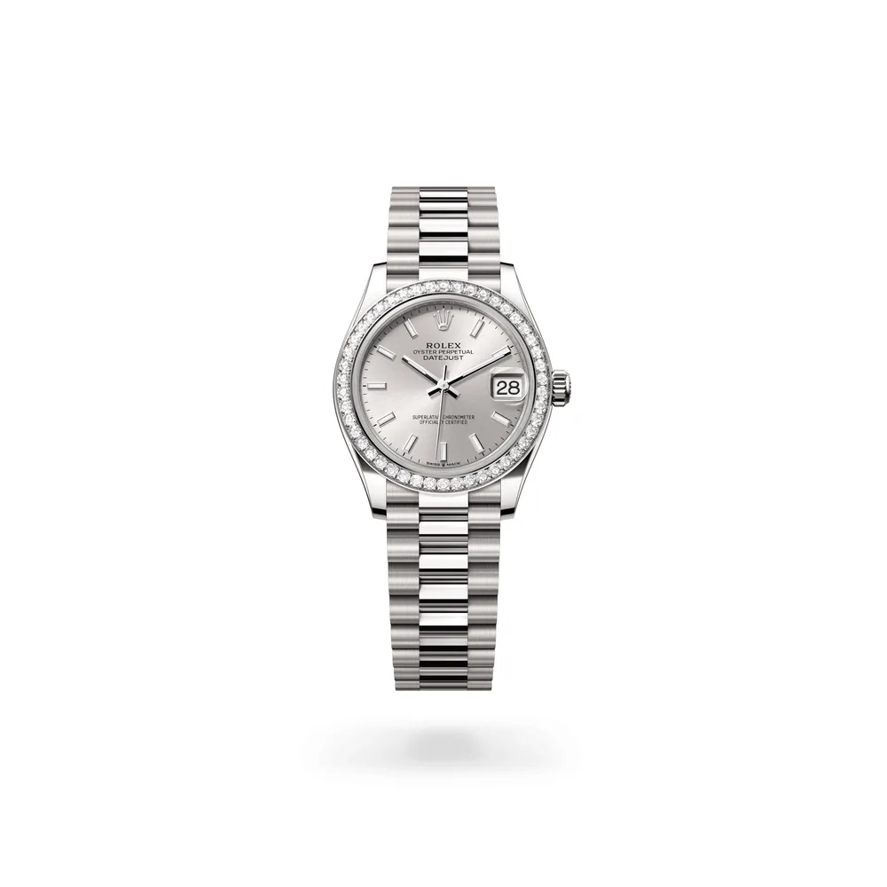 Rolex Datejust 31 Oyster, 31 mm, white gold and diamonds, 18 kt white gold, Silver dial