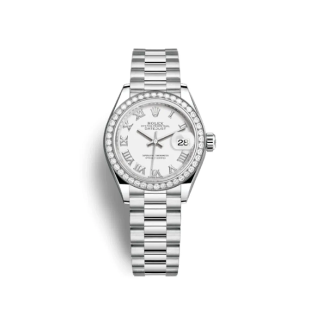 Rolex Lady-Datejust 28 Platinum Diamond / President / White Roman