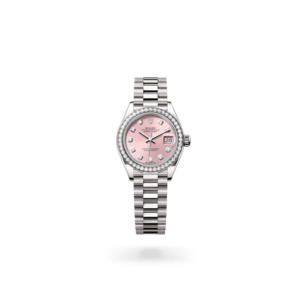 Rolex Lady-Datejust Oyster, 28 mm, white gold and diamonds, 18 kt white gold, Pink dial