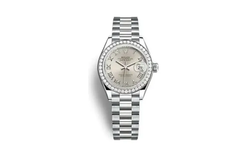 Rolex Lady-Datejust 28 White Gold - Diamond / President / Silver - Roman