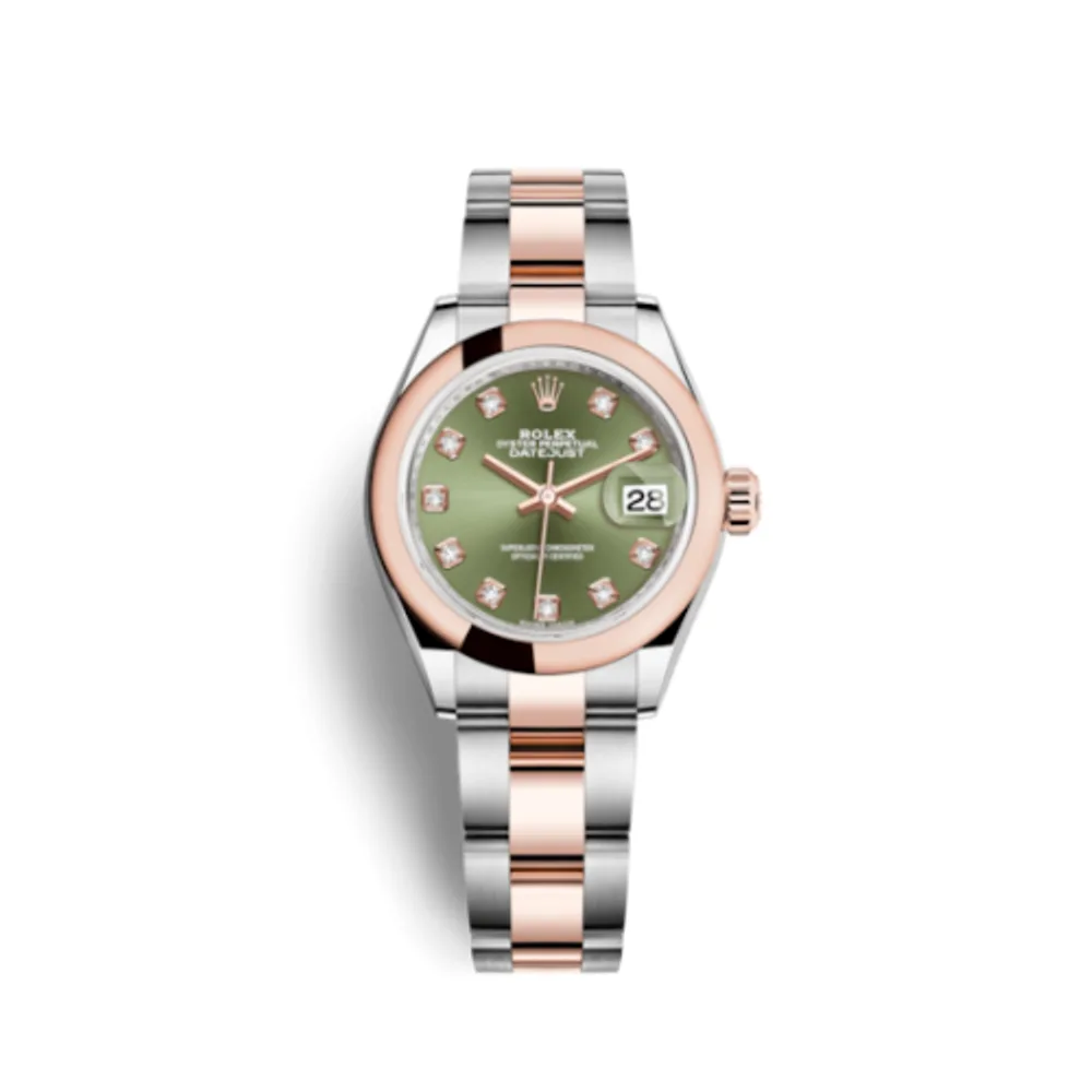 Rolex Lady-Datejust 28 Rolesor Rose Domed / Oyster / Olive Diamond