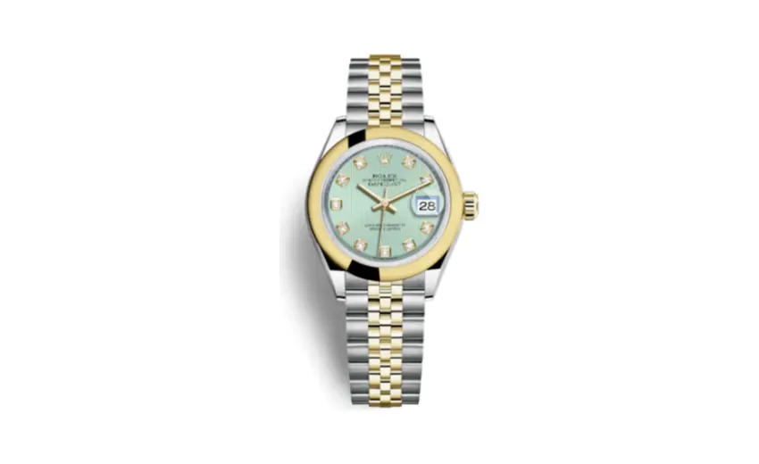 Rolex Lady-Datejust 28 Rolesor Yellow Domed / Jubilee / Mint Green Tuxedo