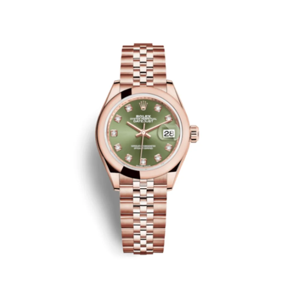 Rolex Lady-Datejust 28 Everose Domed / Jubilee / Olive Green Diamond