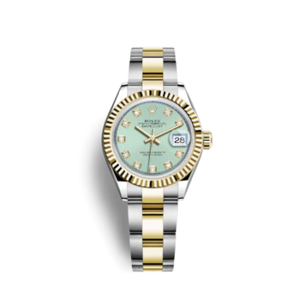 Rolex Lady-Datejust 28 Rolesor Yellow Fluted / Oyster / Mint Green Tuxedo