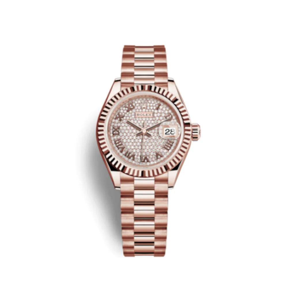 Rolex Lady-Datejust 28 Everose Fluted / President / Paved Roman