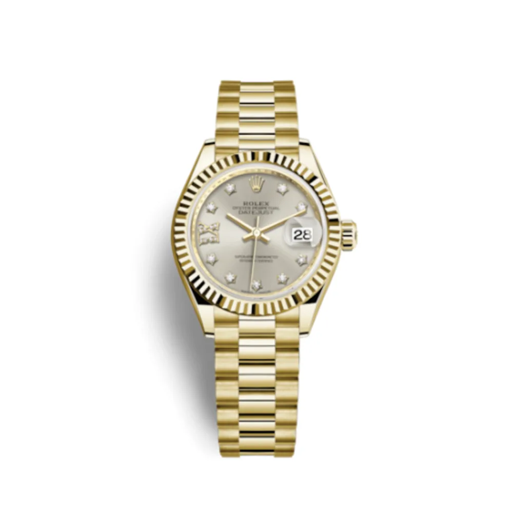 Rolex Lady-Datejust 28 Yellow Gold Fluted / President / Silver Diamond
