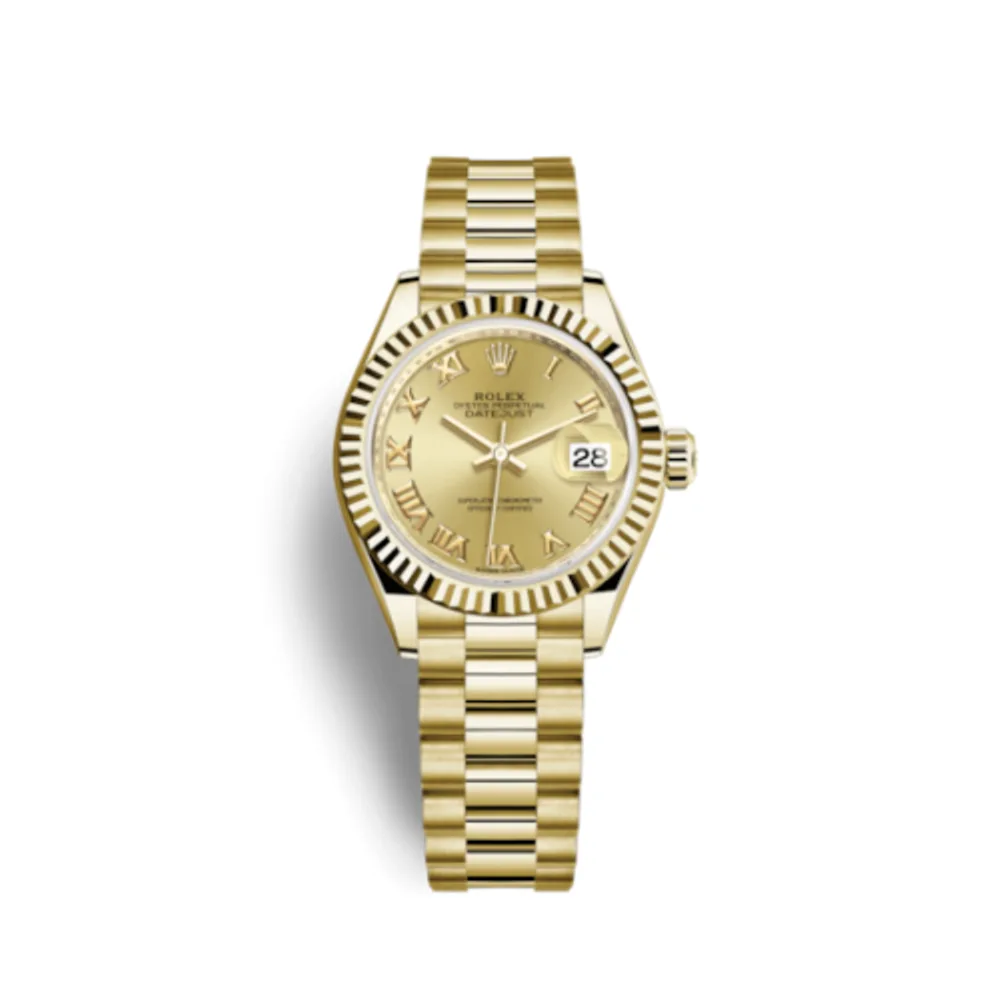 Rolex Lady-Datejust 28 Yellow Gold Fluted / President / Champagne Roman