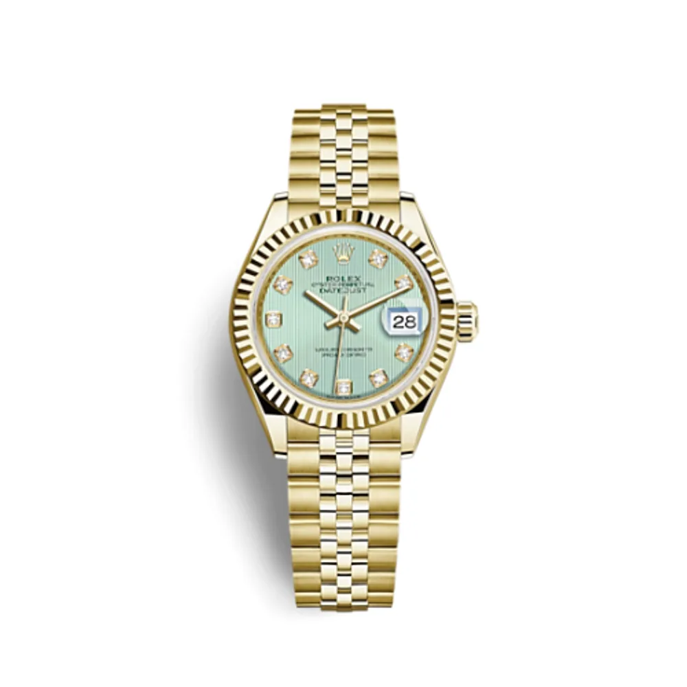 Rolex Lady-Datejust 28 Yellow Gold Fluted / Jubilee / Green Diamond