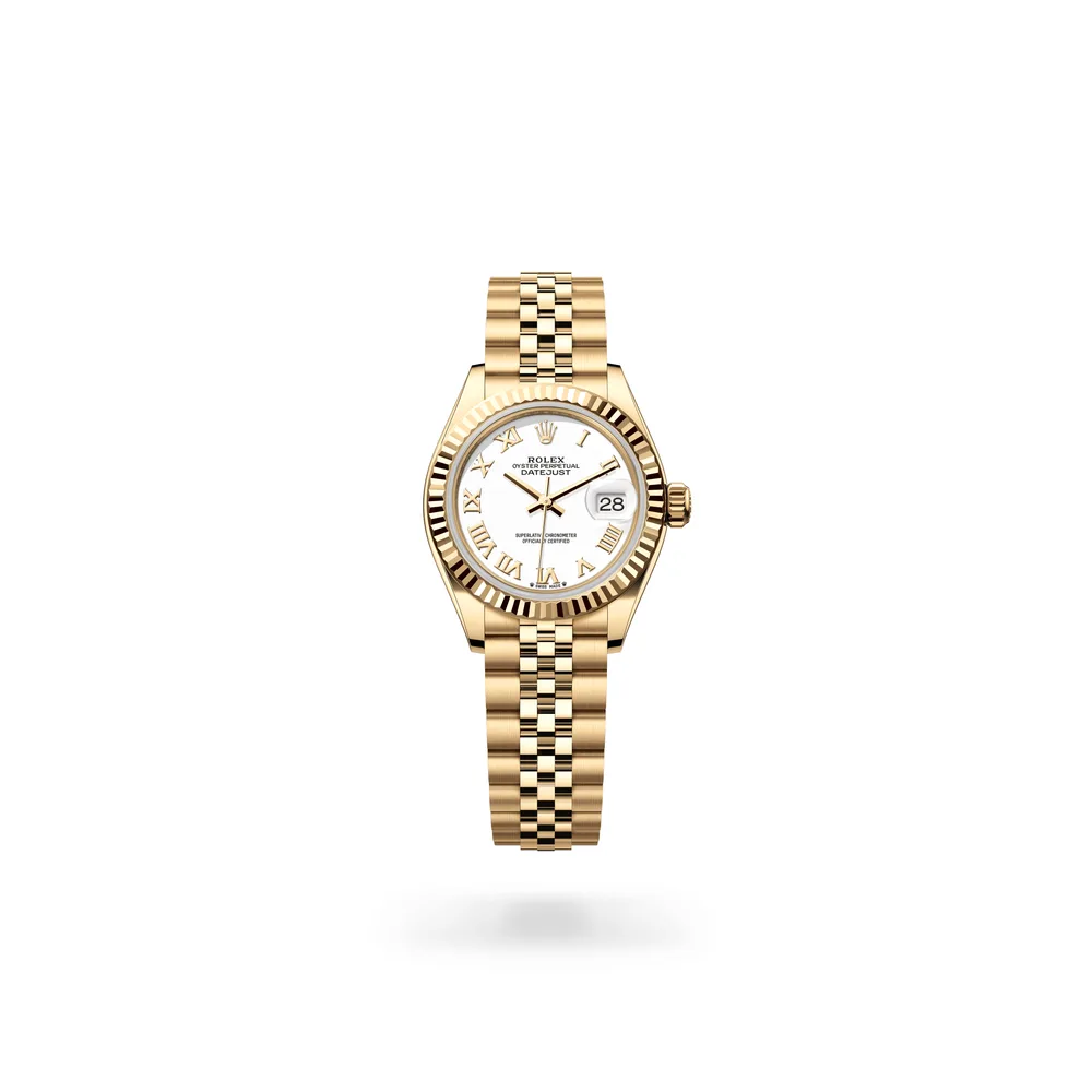 Rolex Lady-Datejust Oyster, 28 mm, yellow gold, 18 kt yellow gold, White lacquer dial