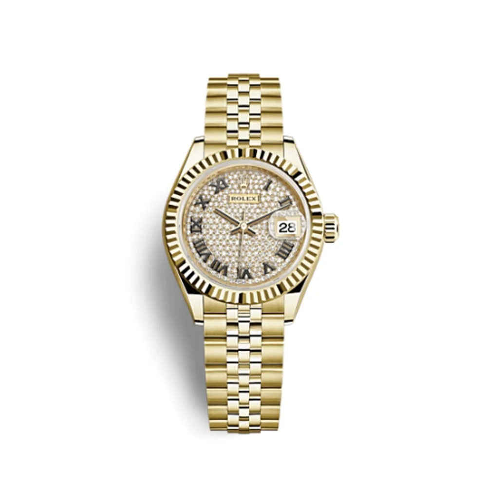 Rolex Lady-Datejust 28 Yellow Gold Fluted / Jubilee / Paved Roman