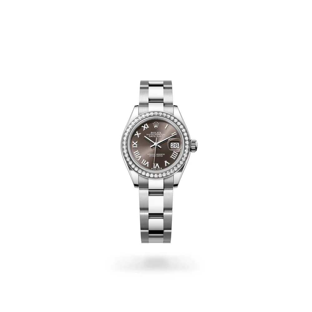 Rolex Lady-Datejust Oyster, 28 mm, Oystersteel, white gold and diamonds, White Rolesor, Dark grey dial