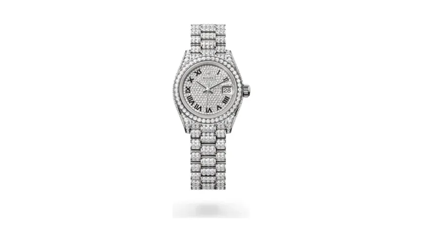 Rolex Lady-Datejust Oyster, 28 mm, white gold and diamonds, 18 kt white gold, case sides and lugs set with diamonds, Diamond-paved dial
