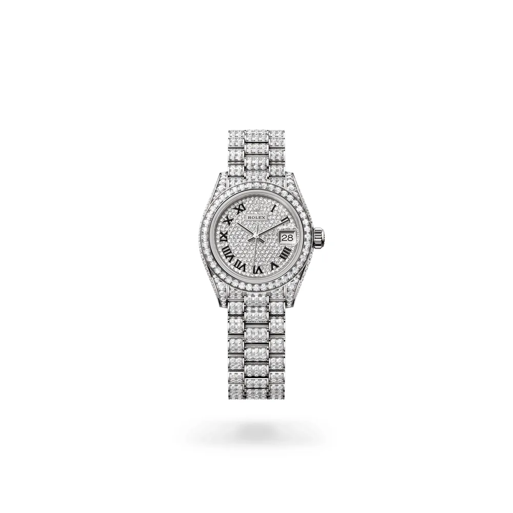Rolex Lady-Datejust Oyster, 28 mm, white gold and diamonds, 18 kt white gold, case sides and lugs set with diamonds, Diamond-paved dial
