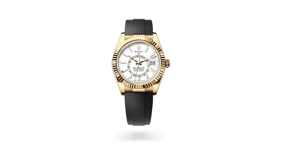 Rolex Oyster Perpetual Sky-Dweller, 42 mm, 18 kt yellow gold, 18 kt yellow gold, Intense white dial