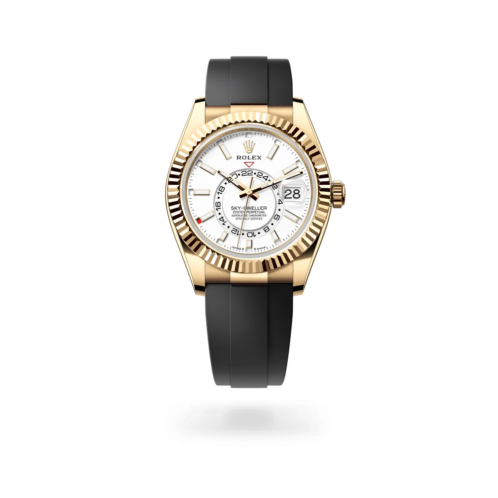 Rolex Oyster Perpetual Sky-Dweller, 42 mm, 18 kt yellow gold, 18 kt yellow gold, Intense white dial
