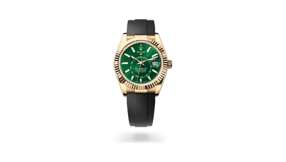 Rolex Oyster Perpetual Sky-Dweller, 42 mm, 18 kt yellow gold, 18 kt yellow gold, Bright green dial
