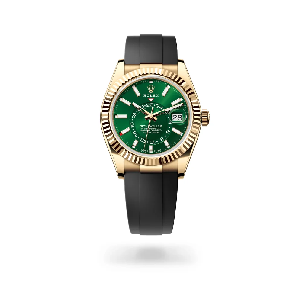 Rolex Oyster Perpetual Sky-Dweller, 42 mm, 18 kt yellow gold, 18 kt yellow gold, Bright green dial