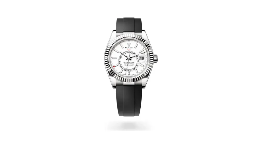 Rolex Oyster Perpetual Sky-Dweller, 42 mm, 18 kt white gold, 18 kt white gold, Intense white dial