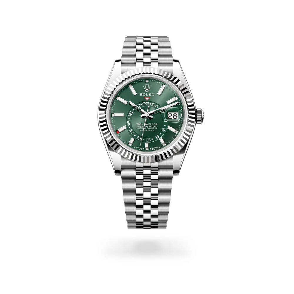 Rolex Oyster Perpetual Sky-Dweller, 42 mm, Oystersteel and white gold, White Rolesor, Mint green dial