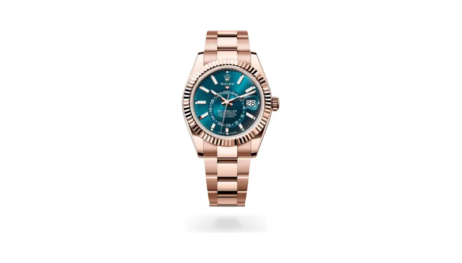 Rolex Oyster Perpetual Sky-Dweller, 42 mm, 18 kt Everose gold, 18 kt Everose gold, Blue-green dial