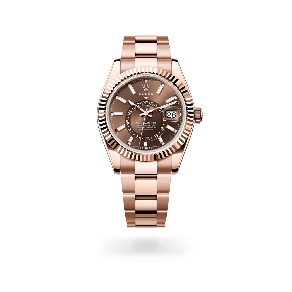 Rolex Oyster Perpetual Sky-Dweller, 42 mm, 18 kt Everose gold, 18 kt Everose gold, Chocolate dial