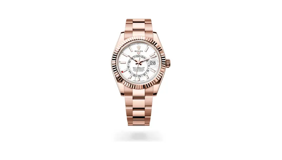Rolex Oyster Perpetual Sky-Dweller, 42 mm, 18 kt Everose gold, 18 kt Everose gold, Intense white dial
