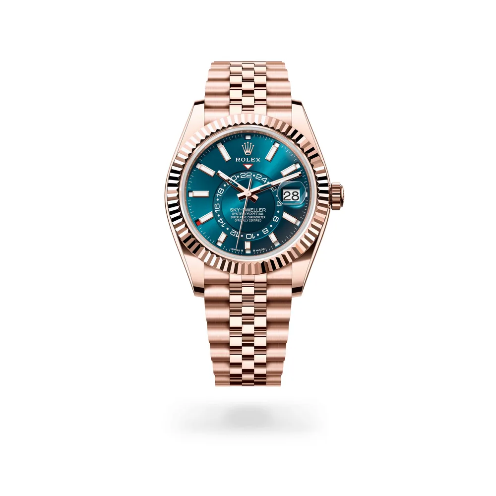 Rolex Oyster Perpetual Sky-Dweller, 42 mm, 18 kt Everose gold, 18 kt Everose gold, Blue-green dial