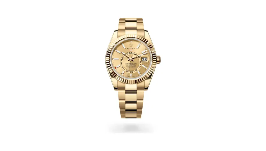 Rolex Oyster Perpetual Sky-Dweller, 42 mm, 18 kt yellow gold, 18 kt yellow gold, Champagne-colour dial