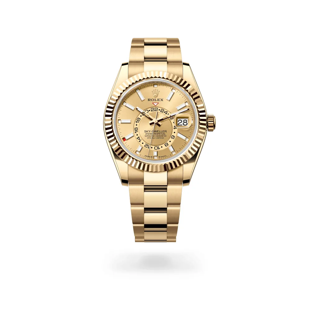 Rolex Oyster Perpetual Sky-Dweller, 42 mm, 18 kt yellow gold, 18 kt yellow gold, Champagne-colour dial