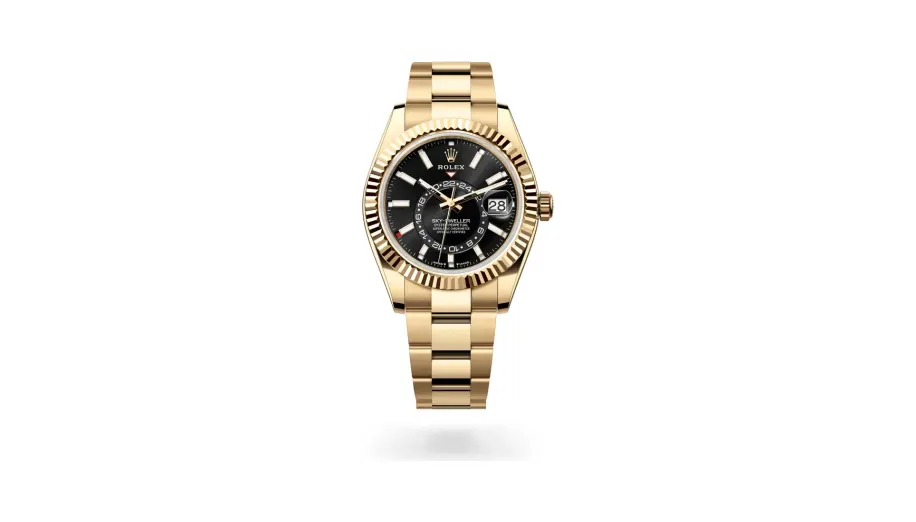 Rolex Oyster Perpetual Sky-Dweller, 42 mm, 18 kt yellow gold, 18 kt yellow gold, Bright black dial