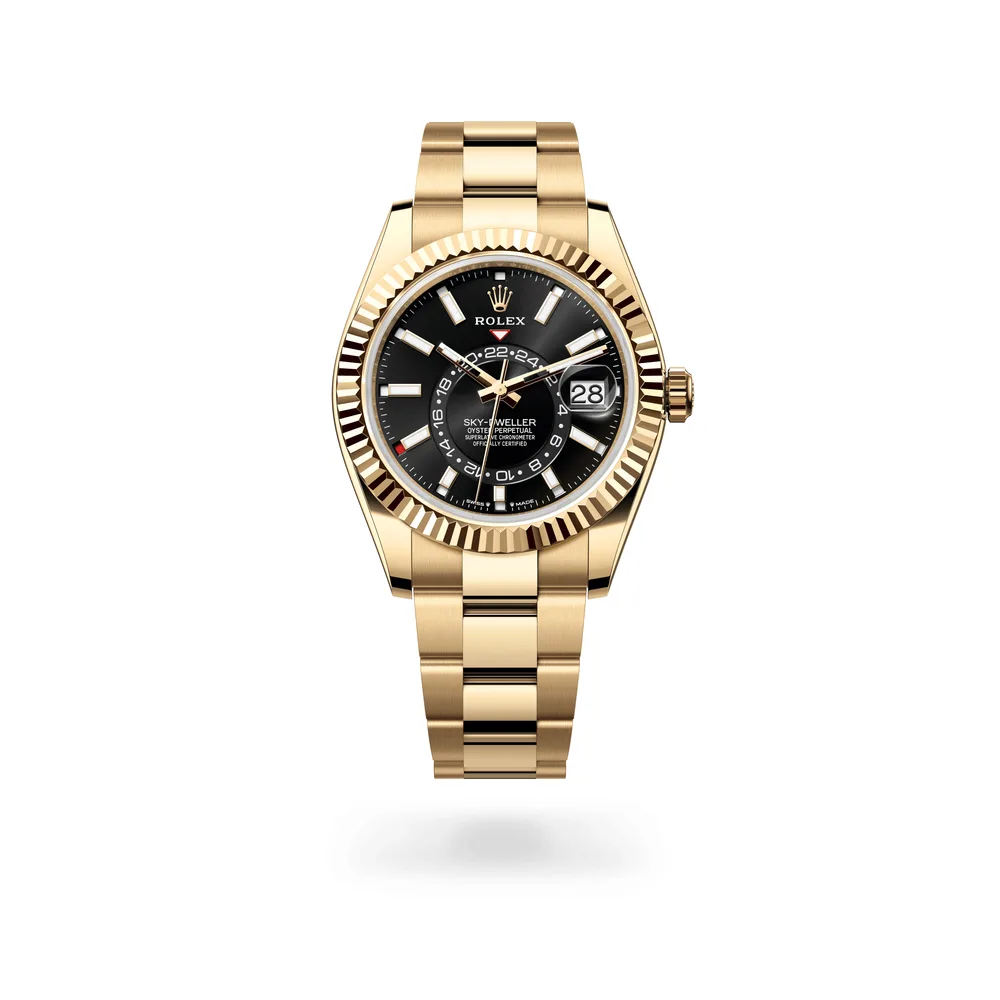 Rolex Oyster Perpetual Sky-Dweller, 42 mm, 18 kt yellow gold, 18 kt yellow gold, Bright black dial