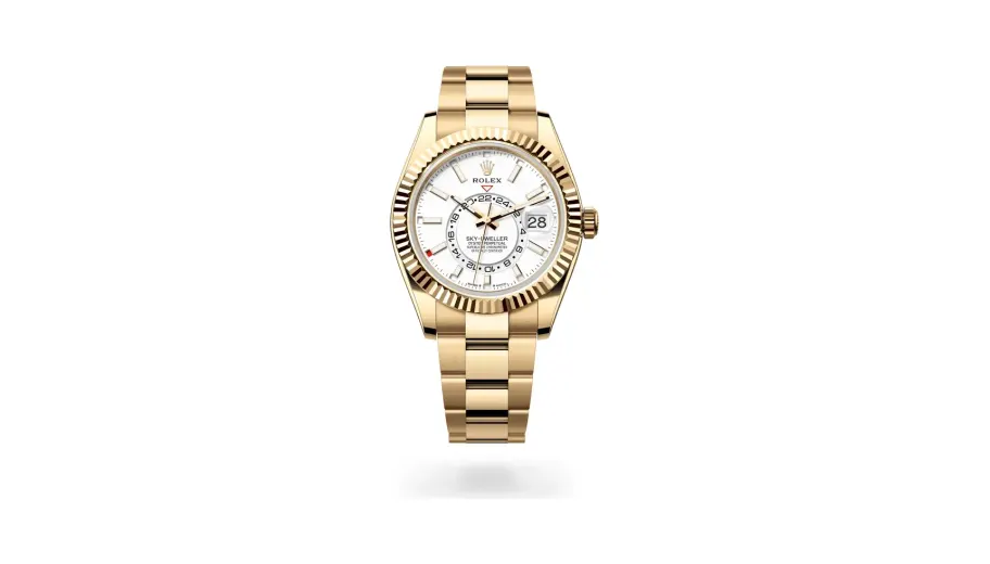 Rolex Oyster Perpetual Sky-Dweller, 42 mm, 18 kt yellow gold, 18 kt yellow gold, Intense white dial