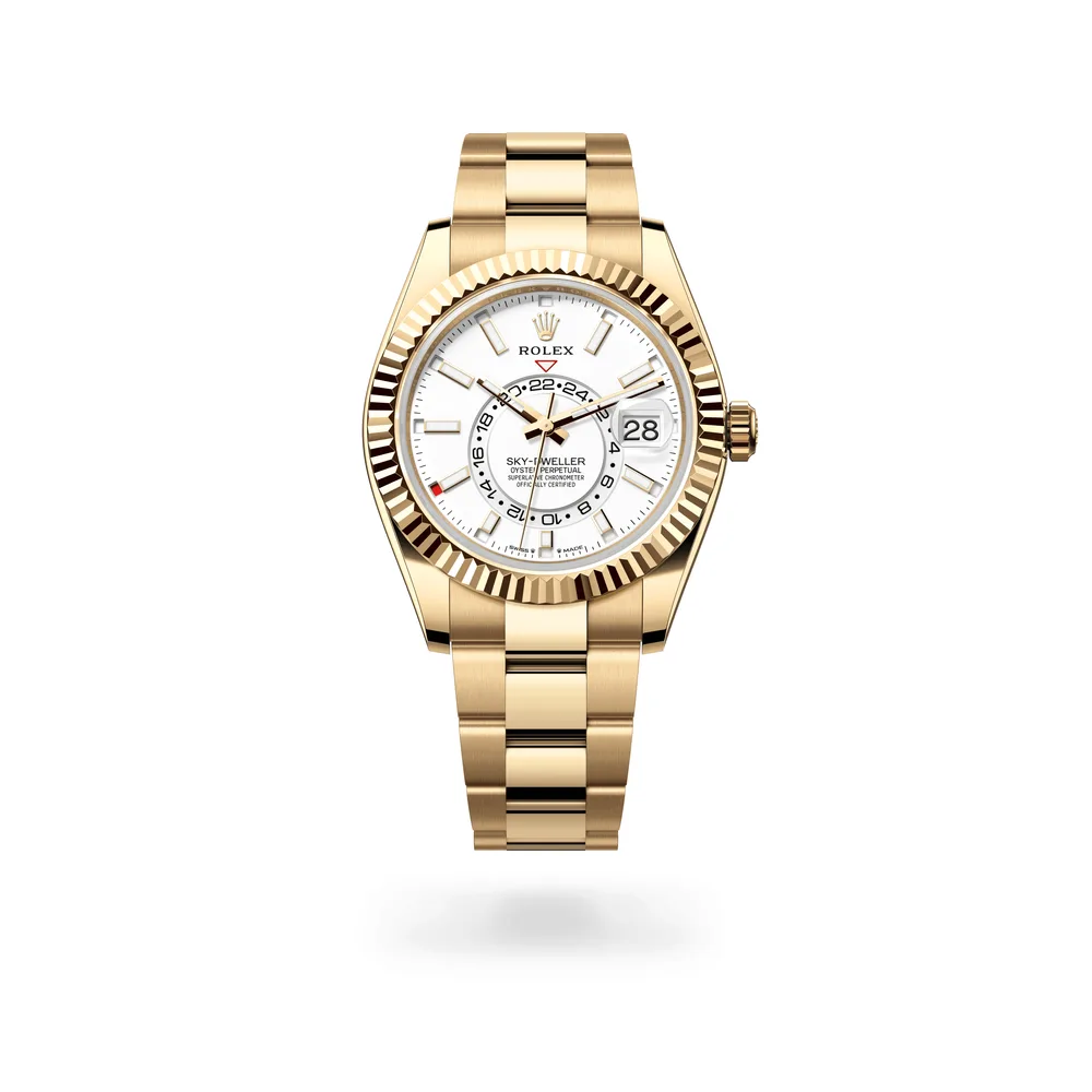 Rolex Oyster Perpetual Sky-Dweller, 42 mm, 18 kt yellow gold, 18 kt yellow gold, Intense white dial