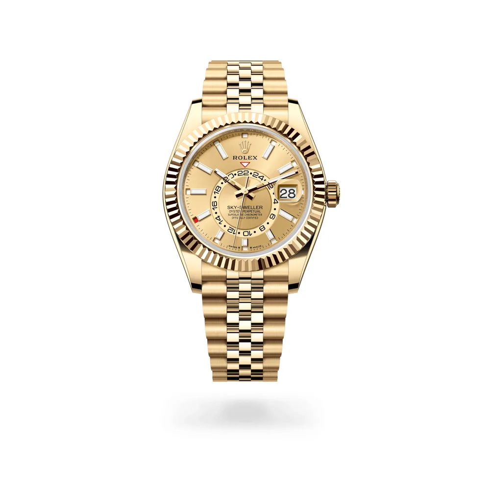 Rolex Oyster Perpetual Sky-Dweller, 42 mm, 18 kt yellow gold, 18 kt yellow gold, Champagne-colour dial